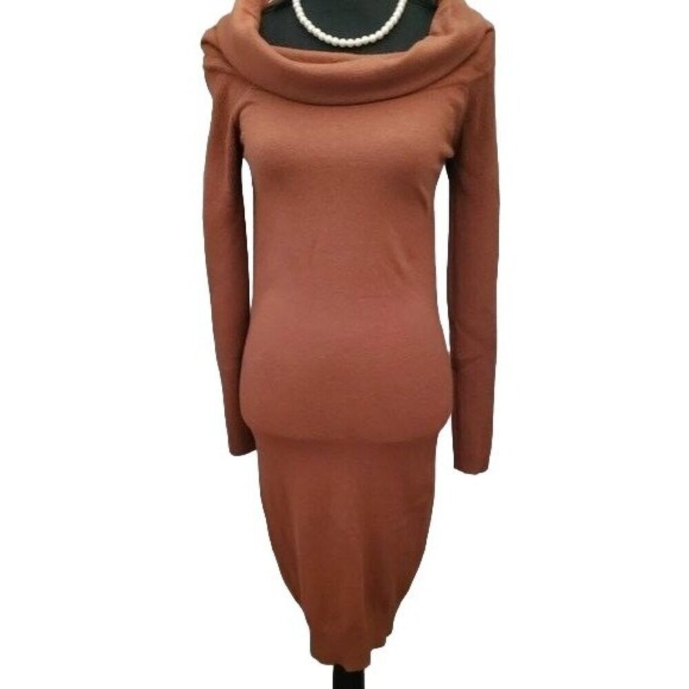 Mak Sweater Shoulder Dress Women Cowl Neck Bodycon Rayon Long Sleeve Rust
